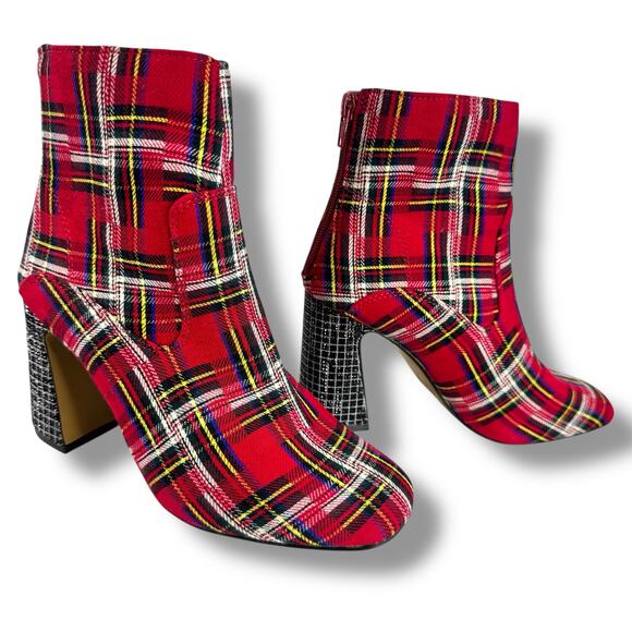 Betsey Johnson Womens Blance Plaid Heeled Bootie Sz 6.5 M Red - Picture 1 of 10